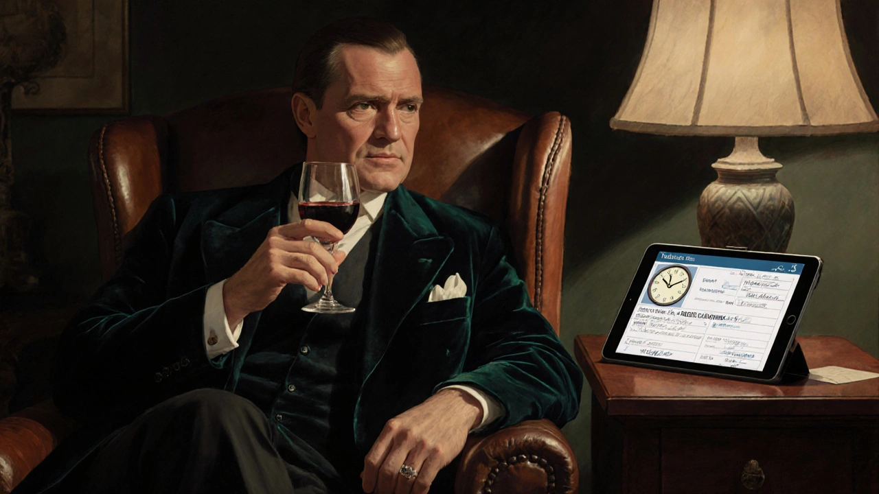 A gentleman in a smoking jacket glancing at a clock, with a prescription tablet nearby.