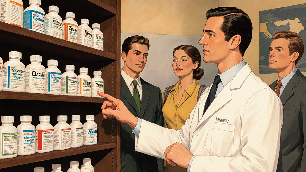 A pharmacist guides patients toward allergy medications on a stylish shelf under warm light.