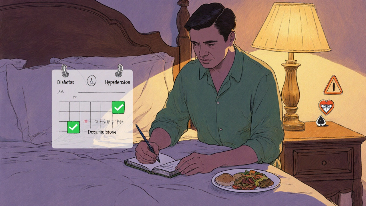 Adult writing in migraine diary at night, with dexamethasone pill, food plate, and 48‑hour calendar reminder.