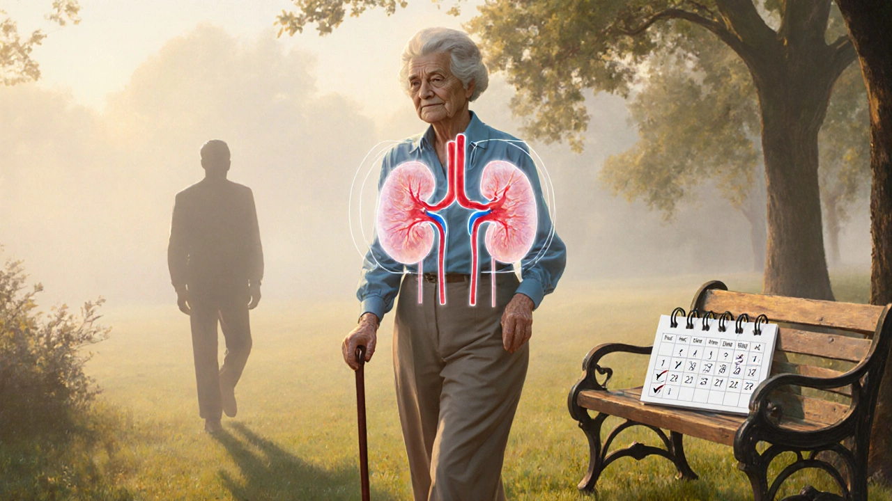 An elderly woman walking confidently in a park, symbolizing protected health.