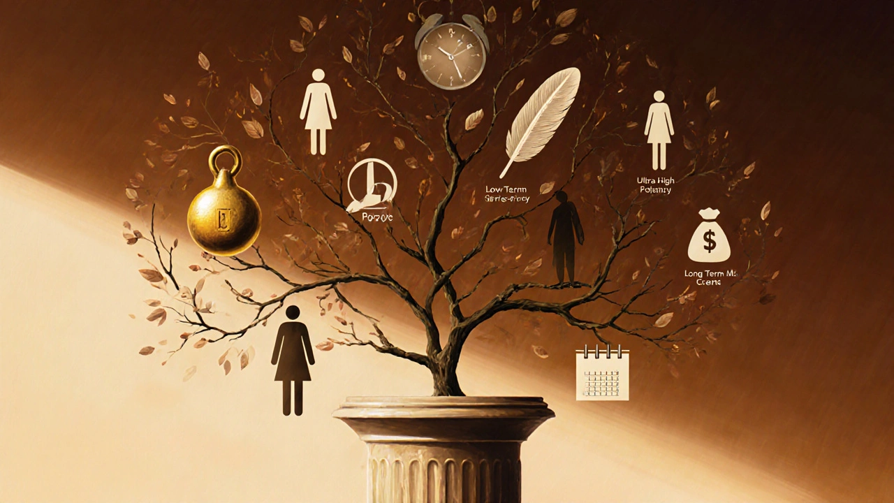 Artistic decision‑tree scene with symbols for potency, age, duration, and cost guiding steroid choice.
