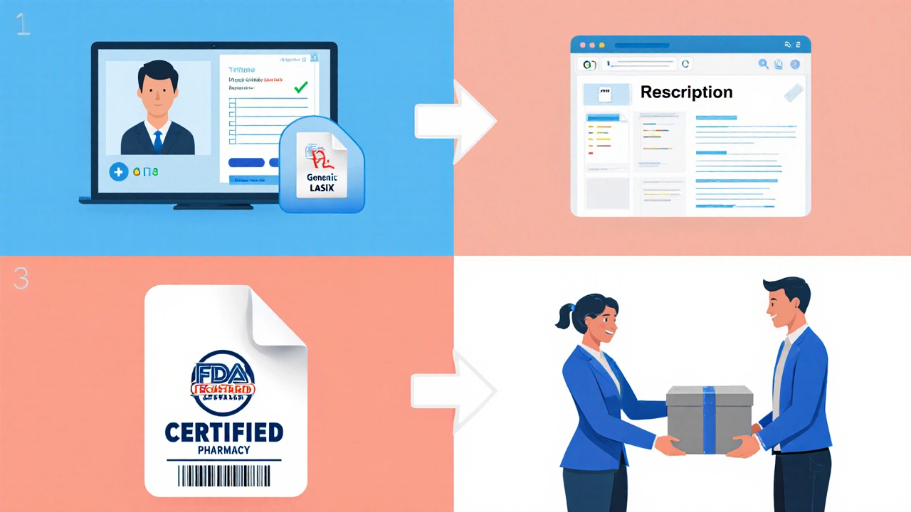 Checklist illustration of telehealth consult, prescription upload, verified pharmacy site, and discreet package.