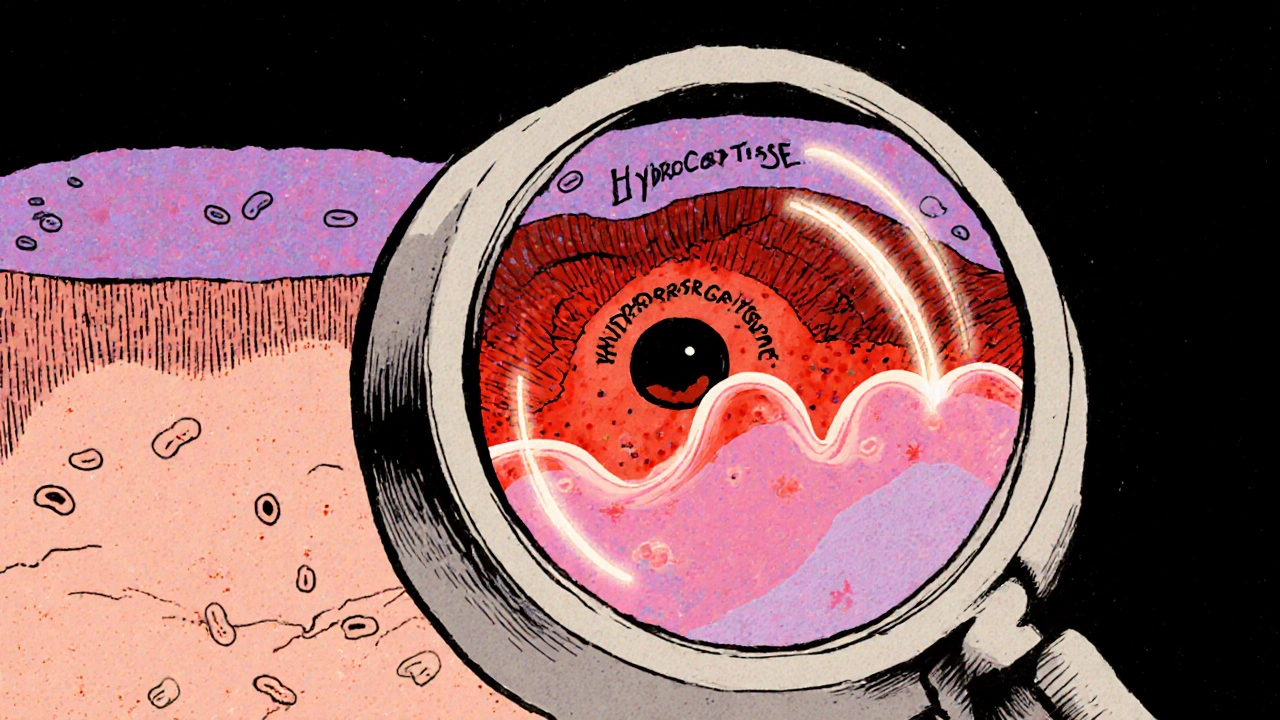 Cross‑section of skin showing bacteria and hydrocortisone reducing inflammation in a papule.