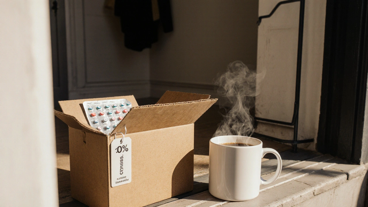 Delivery box on an apartment doorstep with a coffee mug and tablets inside.