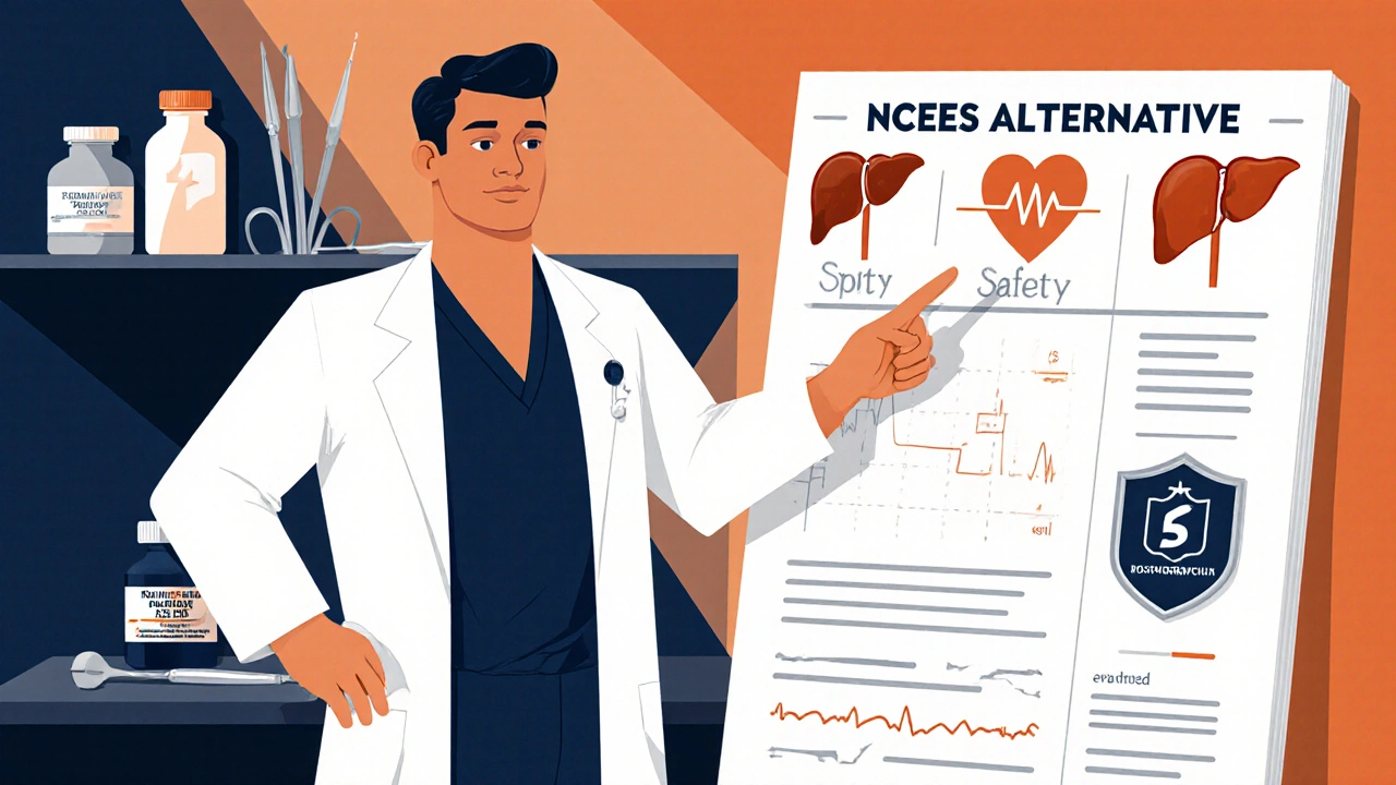 Dentist points to safety icons for liver, heart, and a shield on a medical chart.