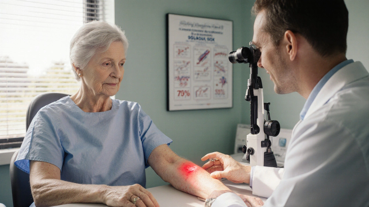 Dermatology exam showing a doctor inspecting a red skin lesion on a transplant patient.