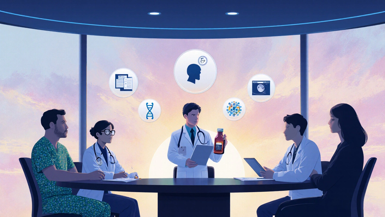Digital art of a transplant care team discussing screenings with floating medical icons.