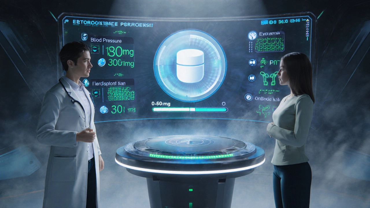 Doctor and patient reviewing health metrics and medication at a futuristic station.