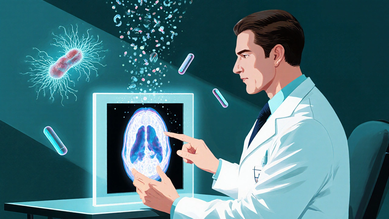 Doctor examining a glowing bone density scan with stylized osteoblasts and dissolving pills.