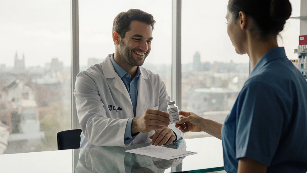 Doctor hands prescription to patient in clinic, pharmacist prepares medication, bright light.