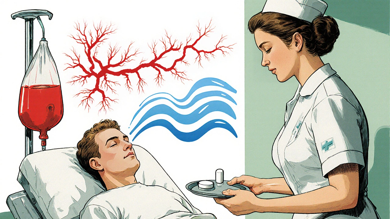 ER scene where nurse gives dexamethasone tablet to patient after triptan, with inflammation visualized as red to blue transition.