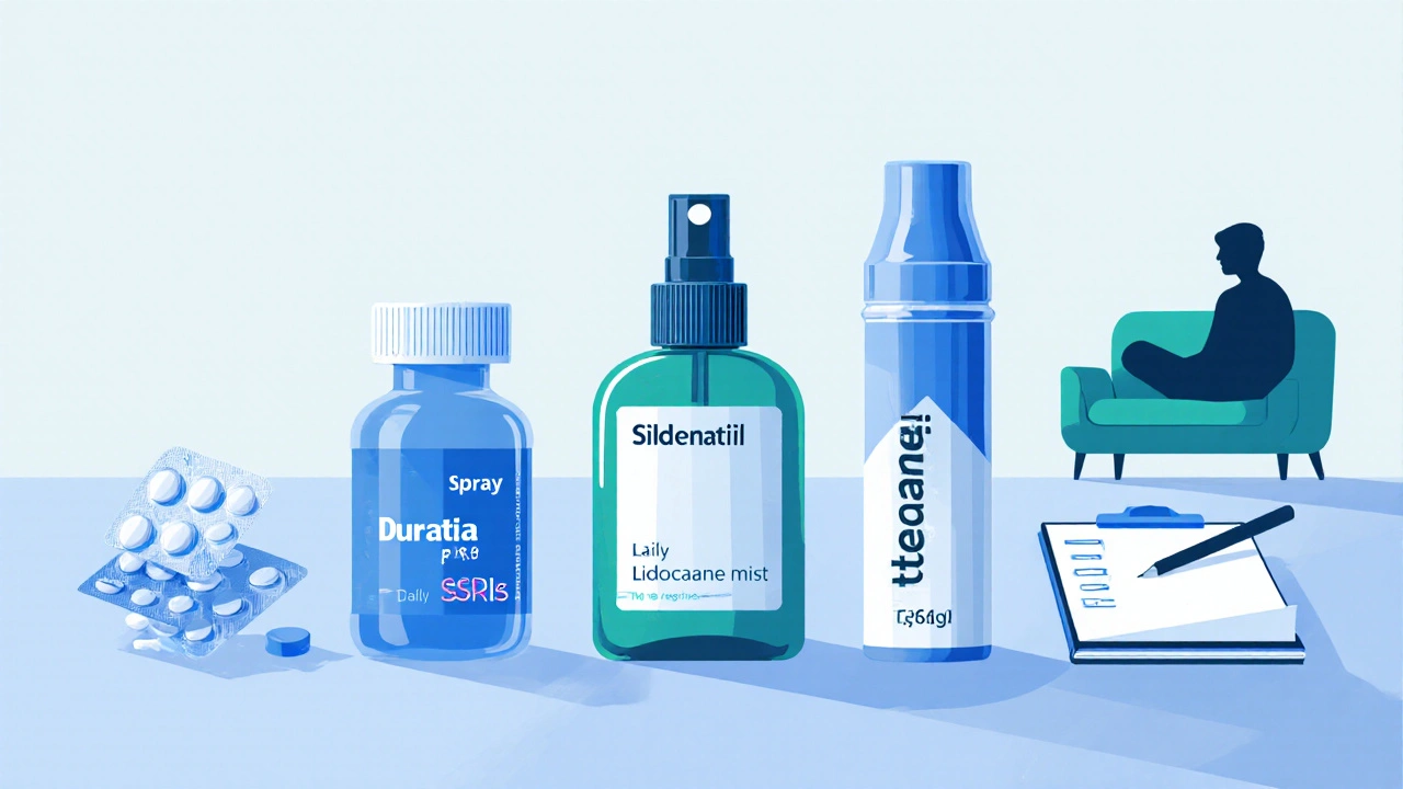Flat illustration of pills, spray, tablet, therapist, and notebook on a countertop.