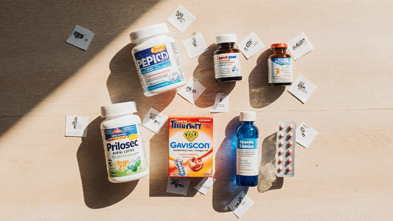 Flat‑lay of various acid‑reflux medicines on a wooden table.
