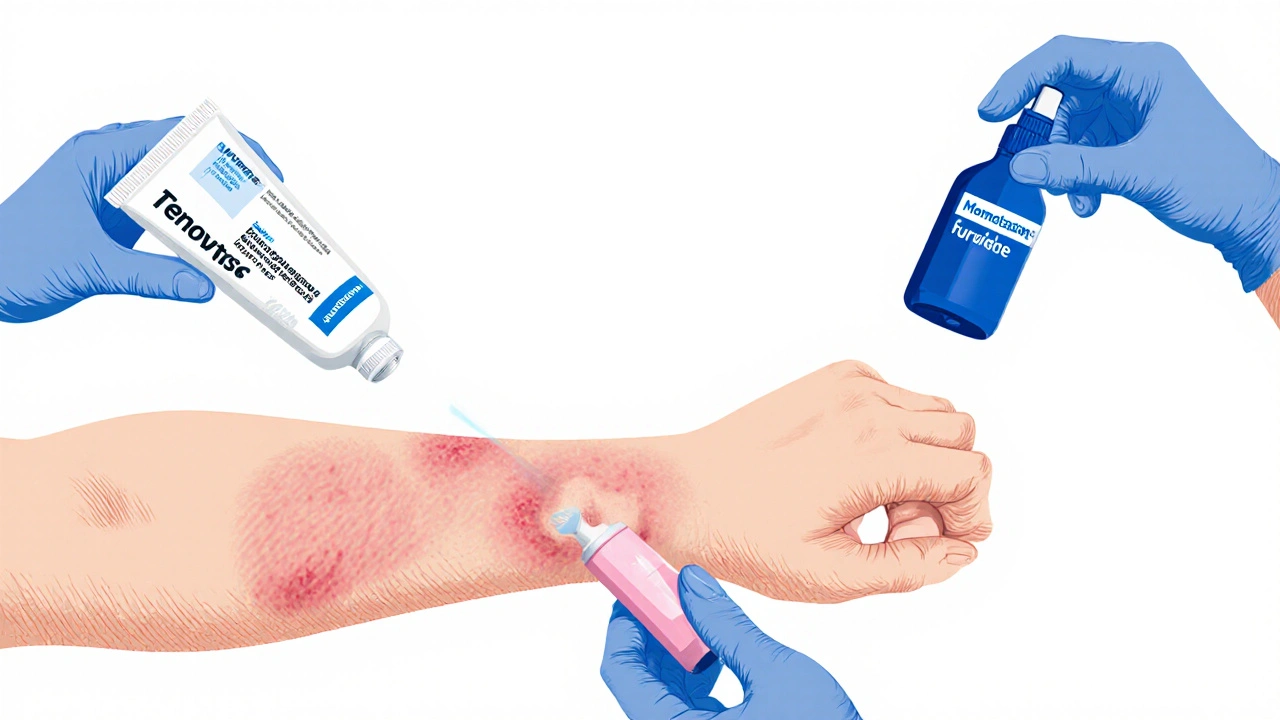 Gloved hands applying different topical steroids to scalp, arm, and face in a medical illustration.