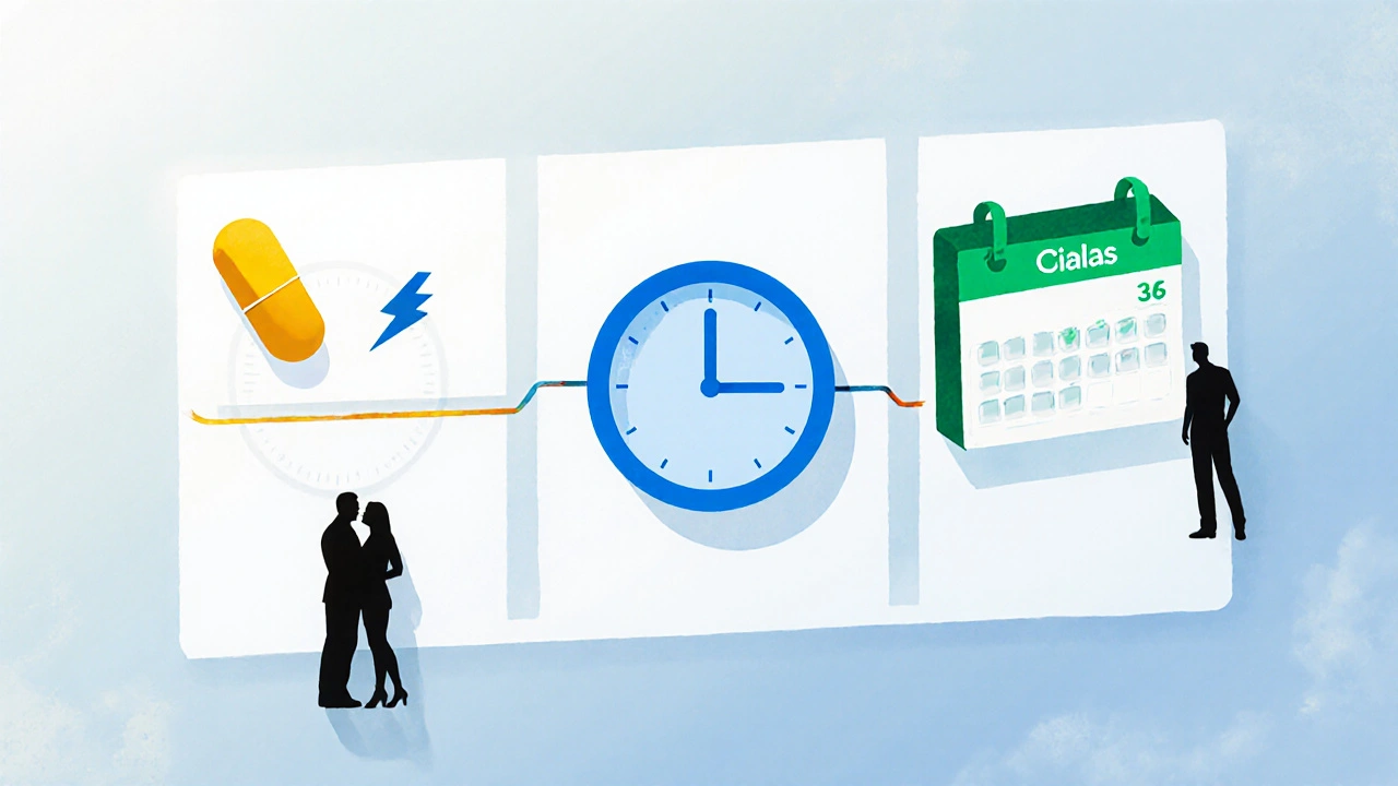 Illustrated timeline with fast, standard, and long‑lasting ED pills and clock icons.