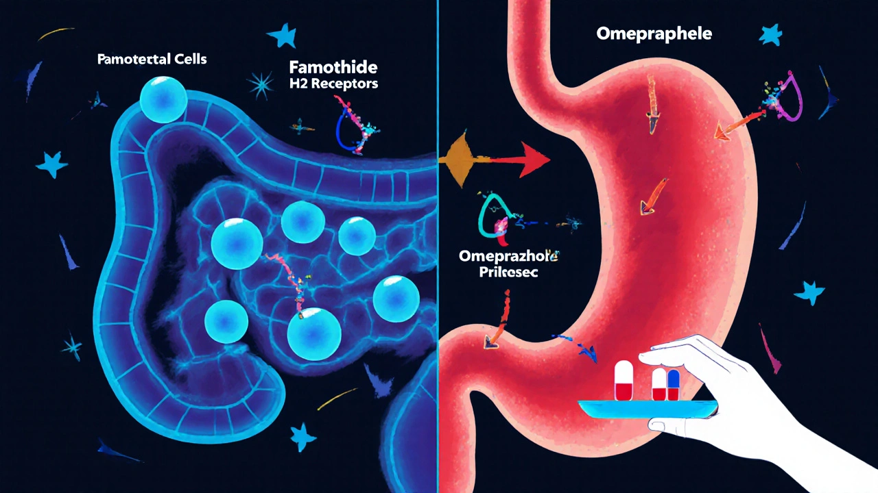 Illustration comparing famotidine H2 blocking and omeprazole PPI action in the stomach.