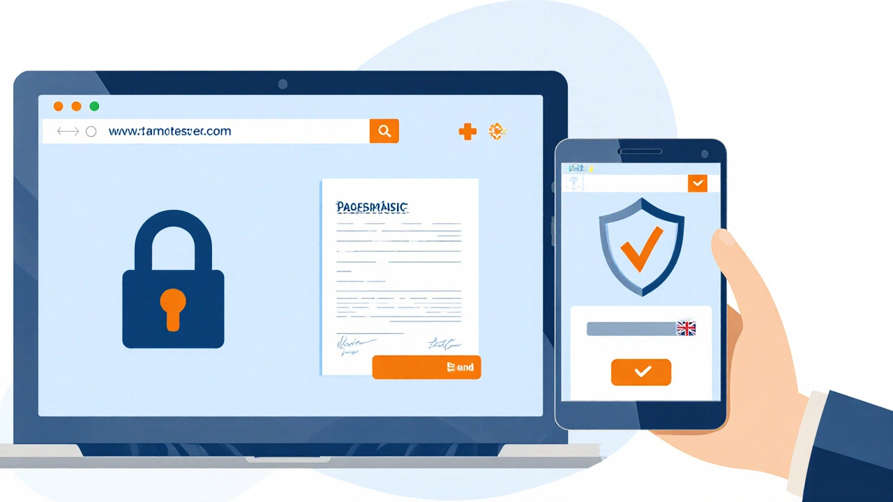 Illustration of a laptop with a secure pharmacy site and a phone showing order tracking.