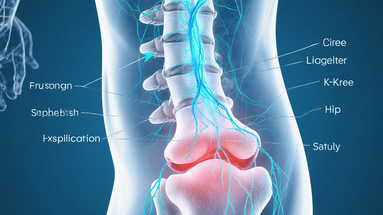 Medical illustration of a spine adjustment restoring nerve flow and reducing knee inflammation.