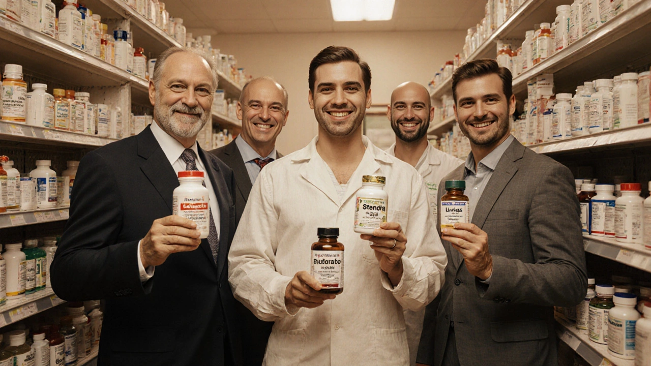 Men in different styles selecting ED medications in a warmly lit pharmacy, guided by a pharmacist.