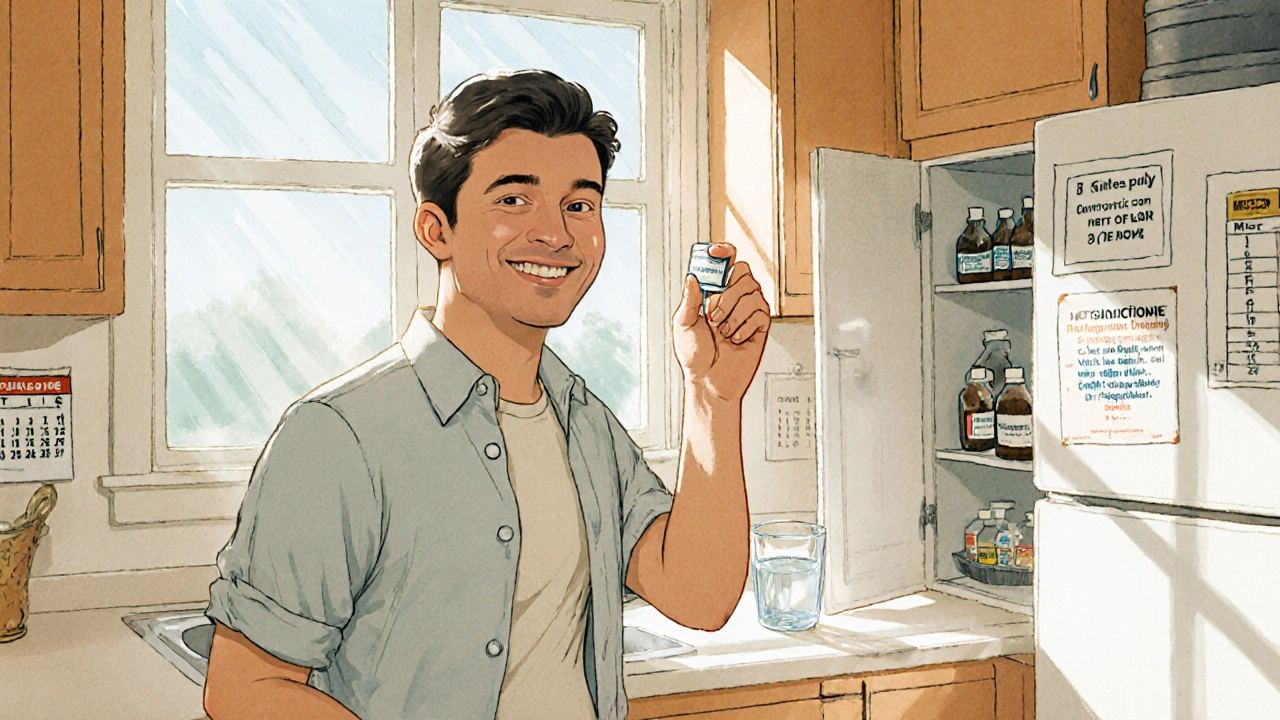 Patient takes cefuroxime tablet at home, sunny kitchen scene.