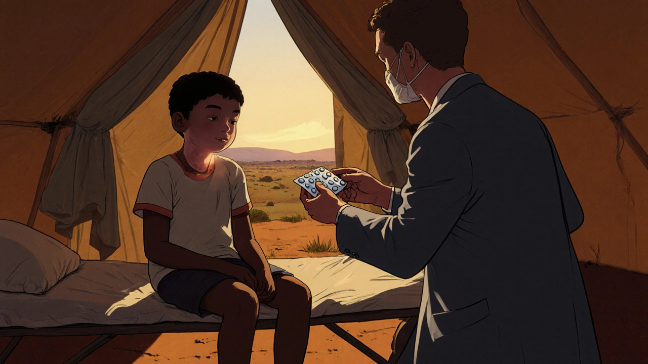 Patient with swollen buboe receives oral tetracycline from doctor in a remote clinic tent.