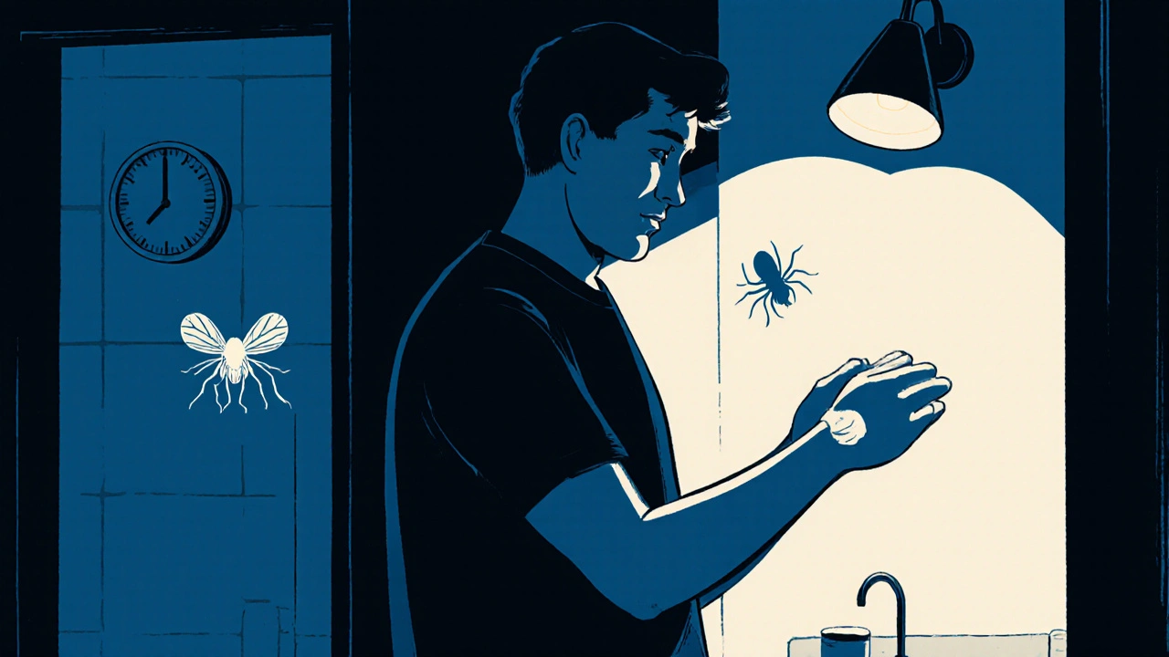 Person applying cream at night while a faint scabies mite fades away.