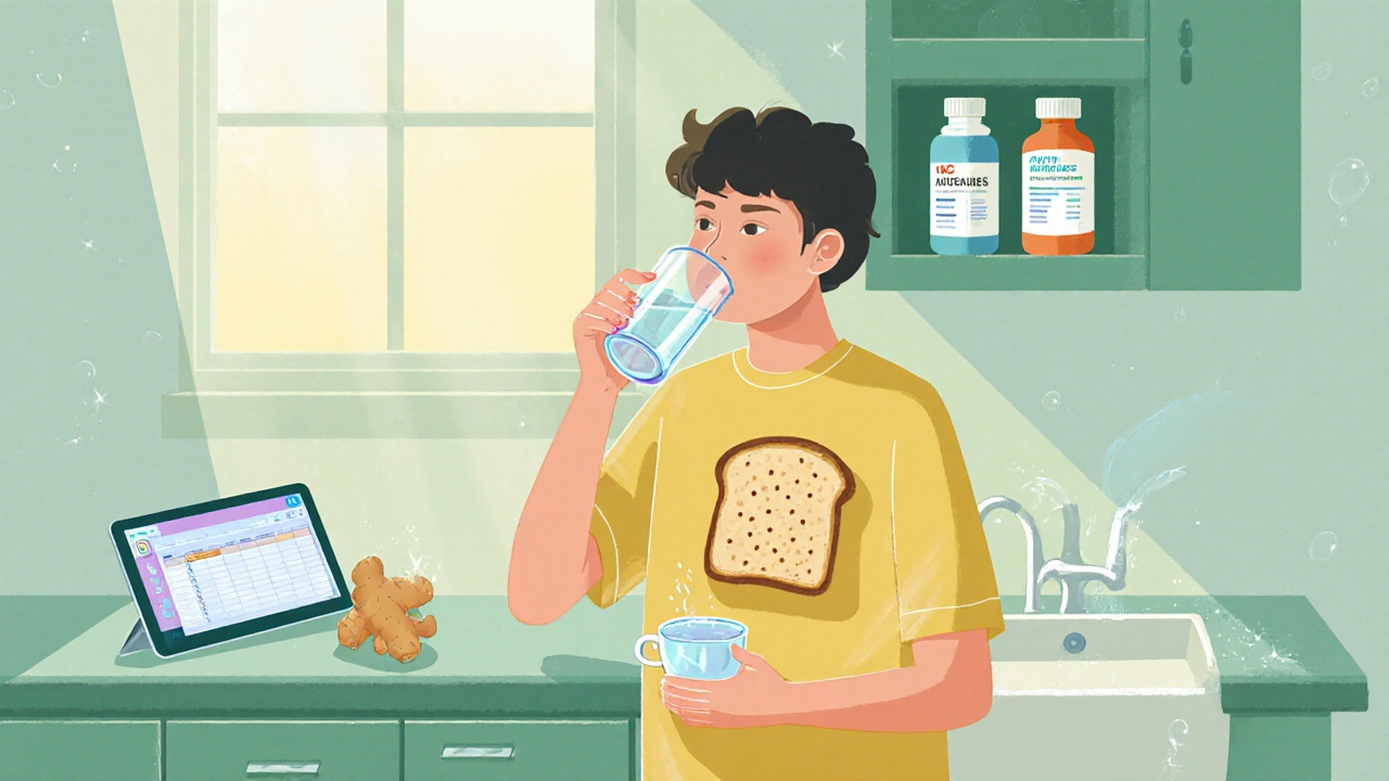Person drinking water, eating toast, holding ginger tea, with medicine bottles and hand‑washing sink.