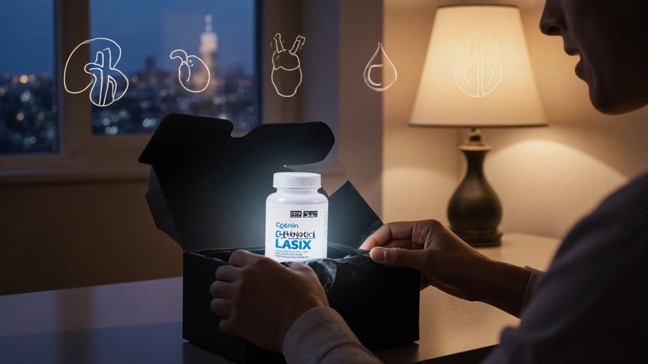 Person opening a discreet box revealing a generic Lasix bottle in a warm home setting.