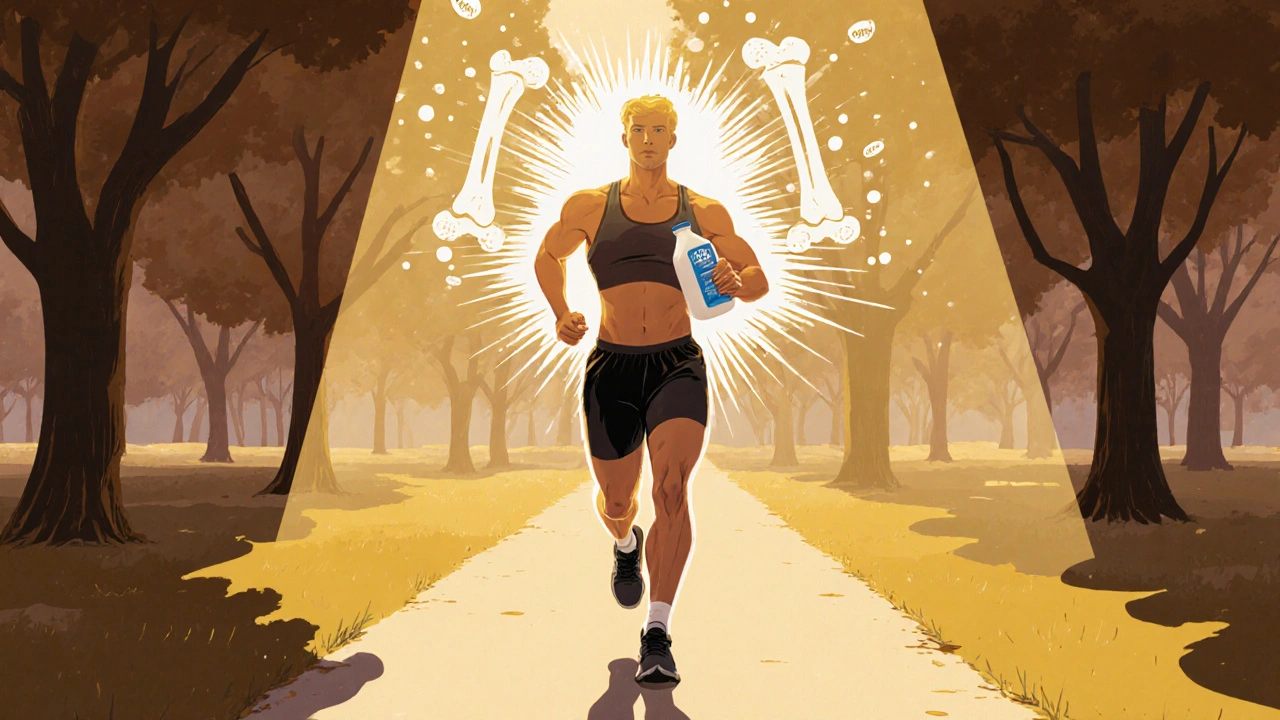 Person walking outdoors, drinking fortified milk as calcium and vitamin D symbols rise toward strong bone silhouette.
