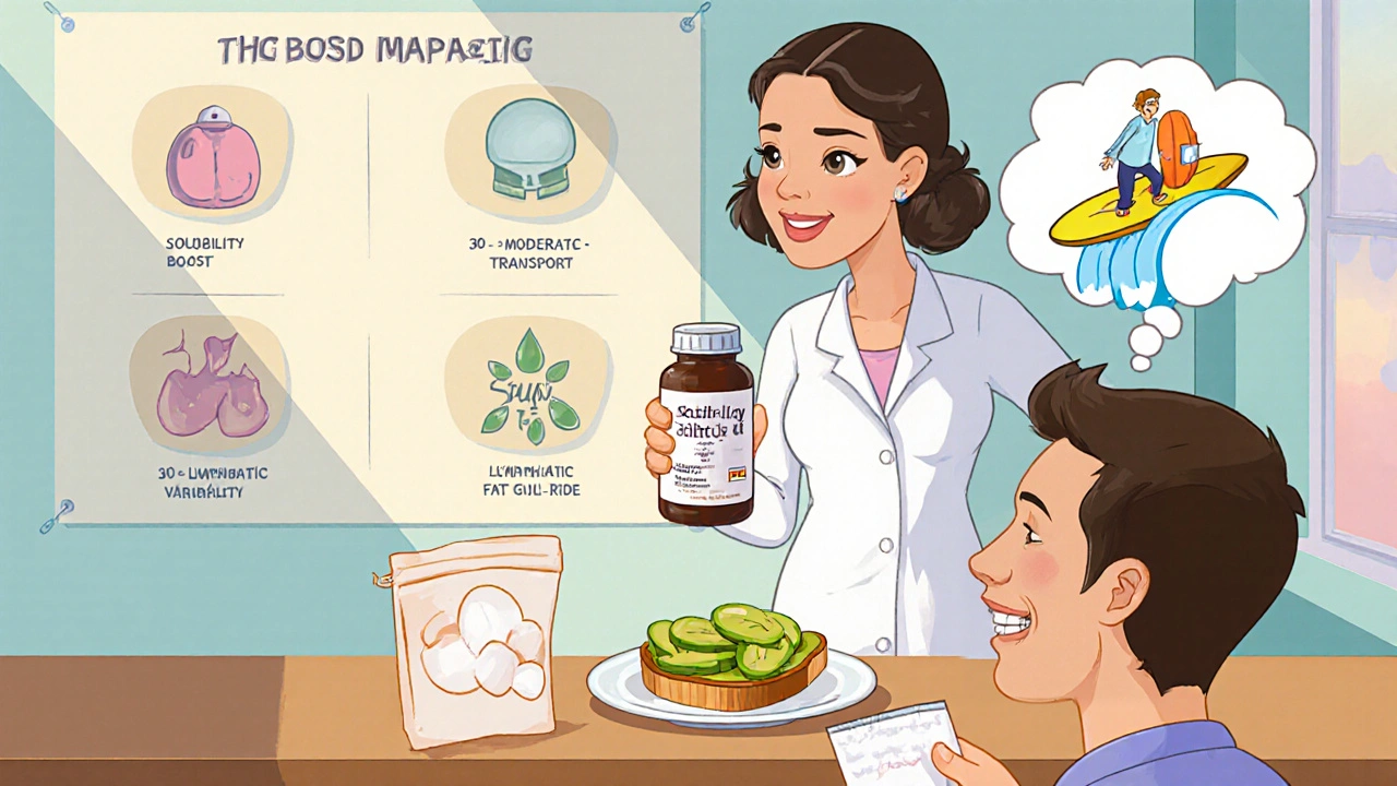 Pharmacist explaining soft‑gel medication to a patient with avocado toast, showing benefits in a cartoon style.
