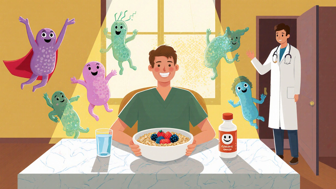 Scene of a person eating fiber foods, drinking water, and taking probiotics with happy gut microbes.