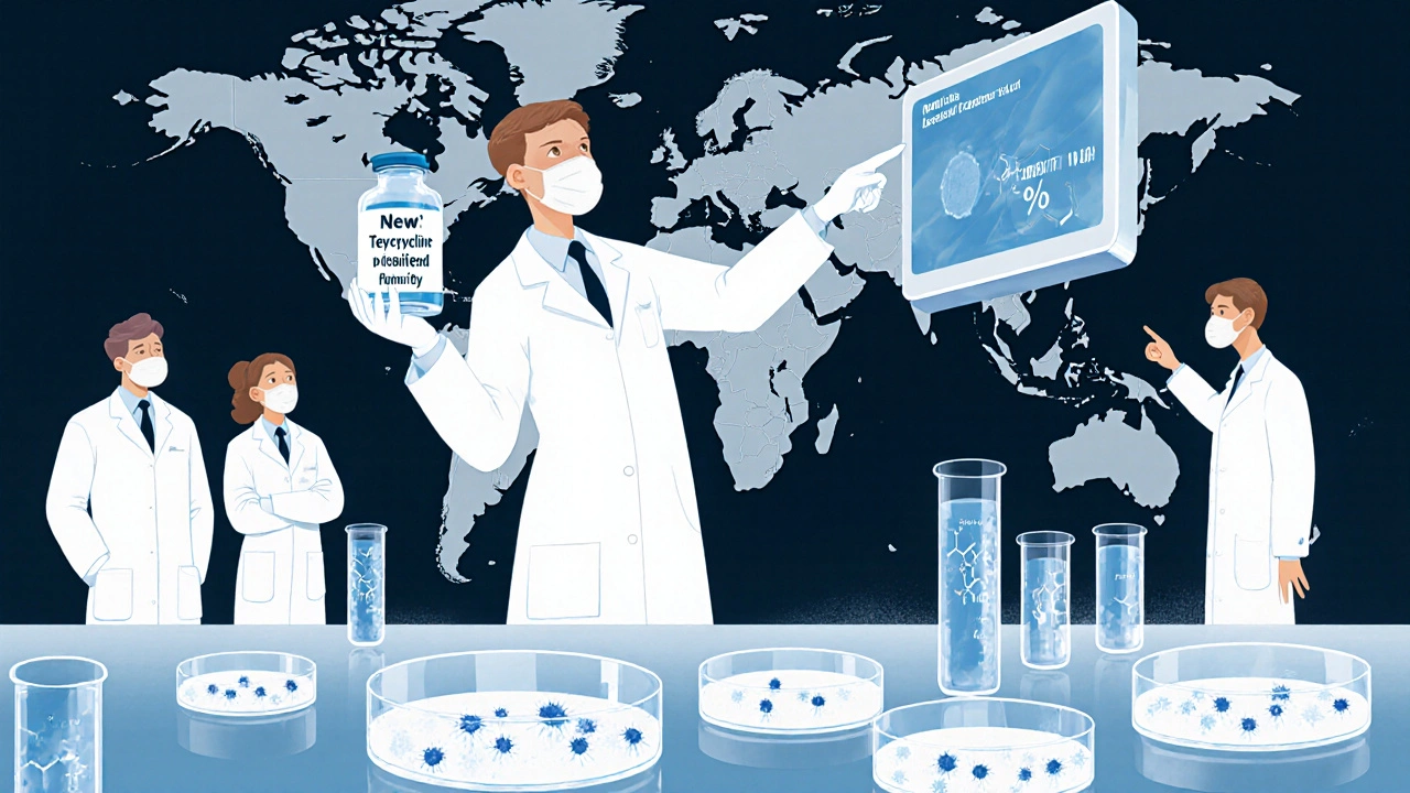 Scientists in a lab examine new tetracycline derivative against Yersinia pestis with low resistance.