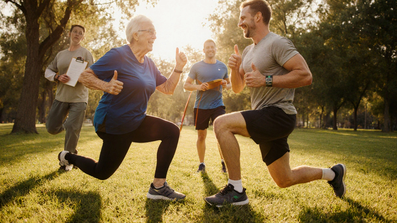 Senior woman and runner exercise freely, cheered on by a chiropractor and therapist in a sunny park.