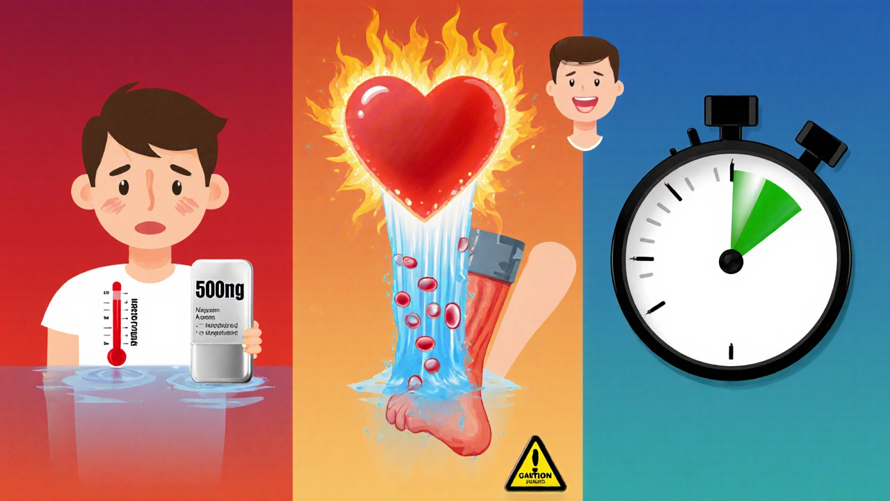 Split illustration of Pim-800 reducing fever, ibuprofen soothing inflammation, aspirin blocking platelets, naproxen providing long relief.