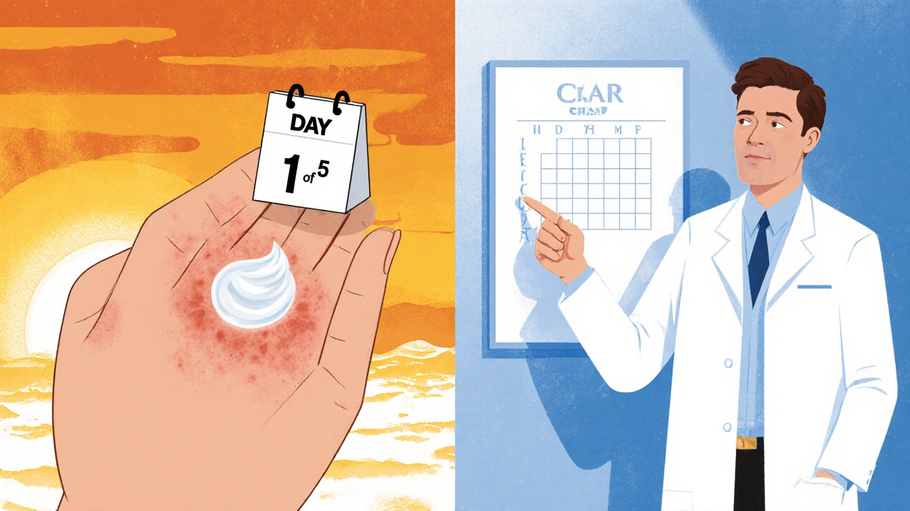 Split scene of applying cream with a 5‑day calendar and a dermatologist reviewing clear skin.