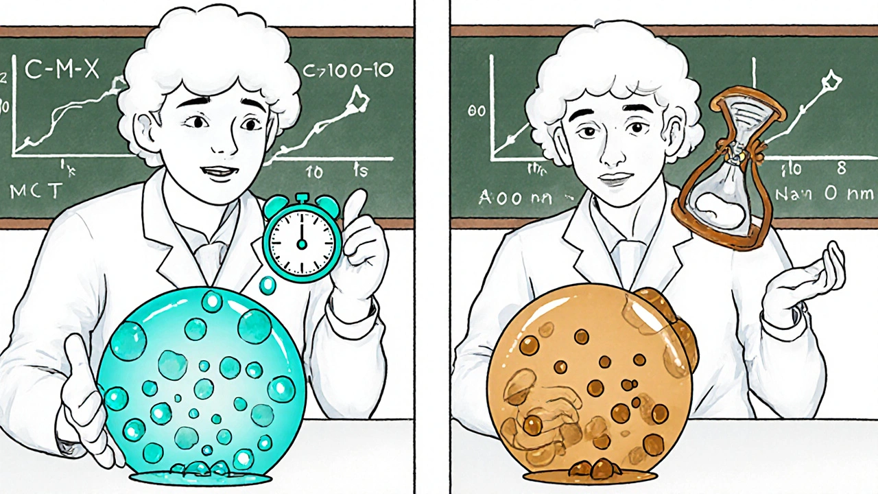 Split‑screen cartoon lab scene comparing MCT and LCT nano‑emulsions around a drug particle.