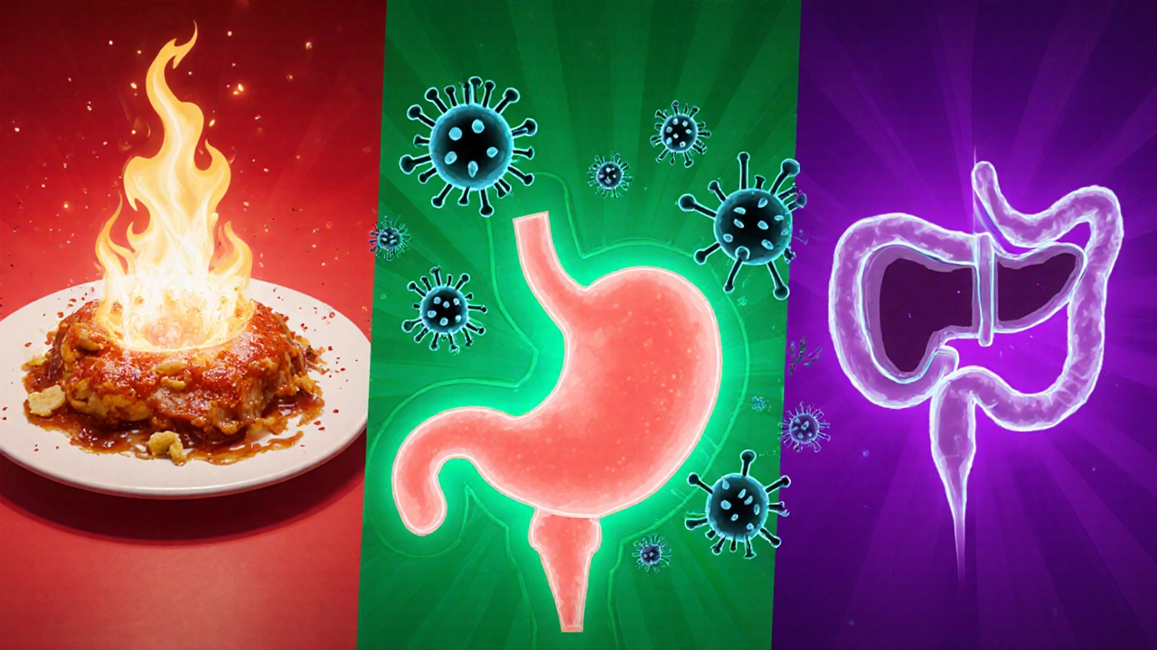 Split screen showing spicy food, viruses, ulcer, gallbladder stones, and pancreas as pain causes.