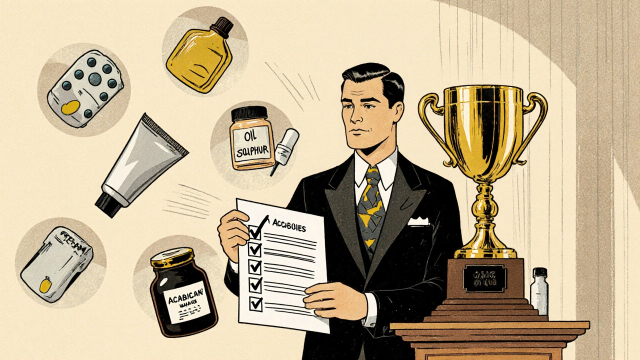 Suit‑clad figure reviewing treatment options with floating icons and a trophy.