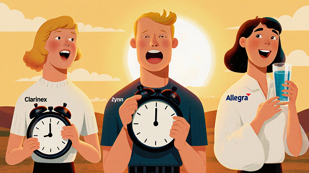 Three figures represent Clarinex, Zyrtec, and Allegra with distinct visual cues for onset and drowsiness.