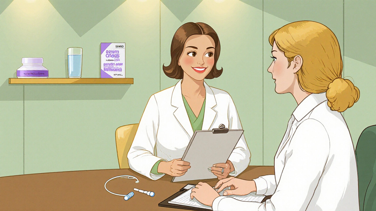 Woman consulting a doctor in a calm office, with lab swab and estrogen ring displayed nearby.