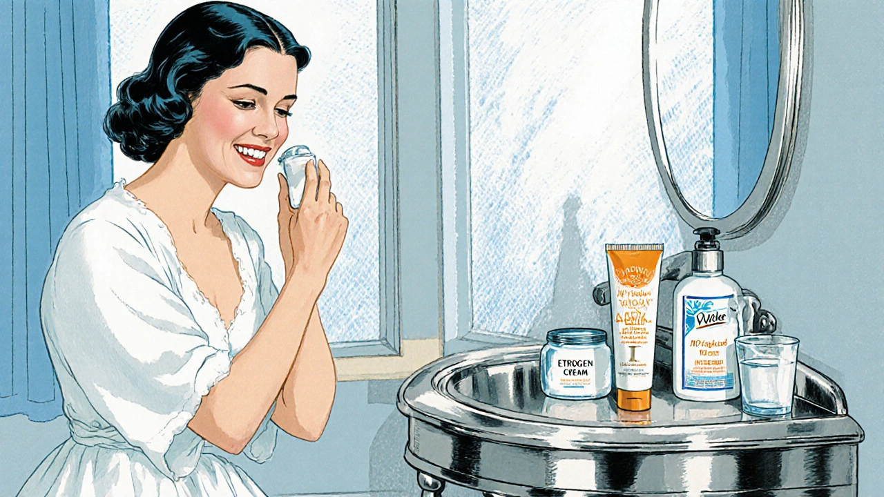 Woman in bathroom applying lubricant, surrounded by moisturizer, estrogen cream, and water bottle.