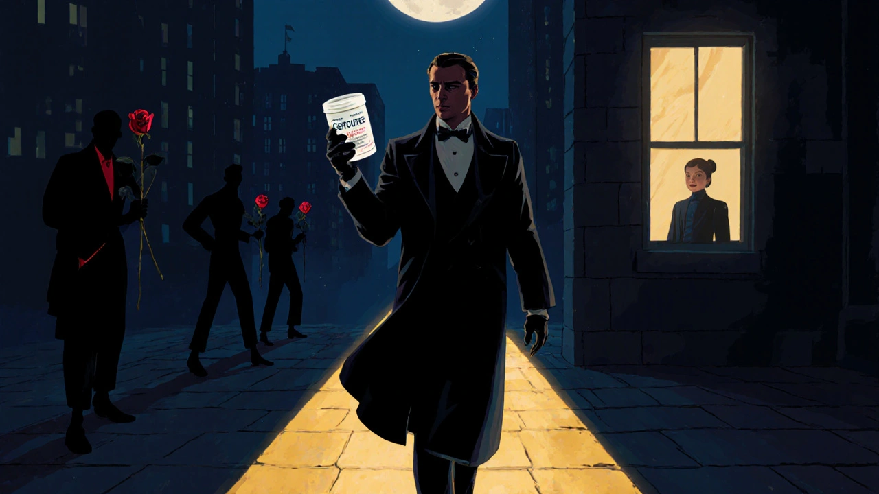 A confident man walks at night with Cenforce Soft and a rose, rival pills fading behind.