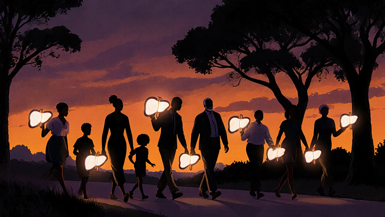 A diverse group walks at sunset, their glowing livers brightening with each step toward metabolic health.