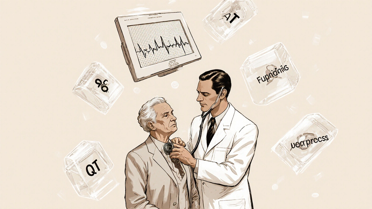 A doctor examining an elderly patient as floating drug icons cast shadows over a prolonged QT interval on an ECG monitor.