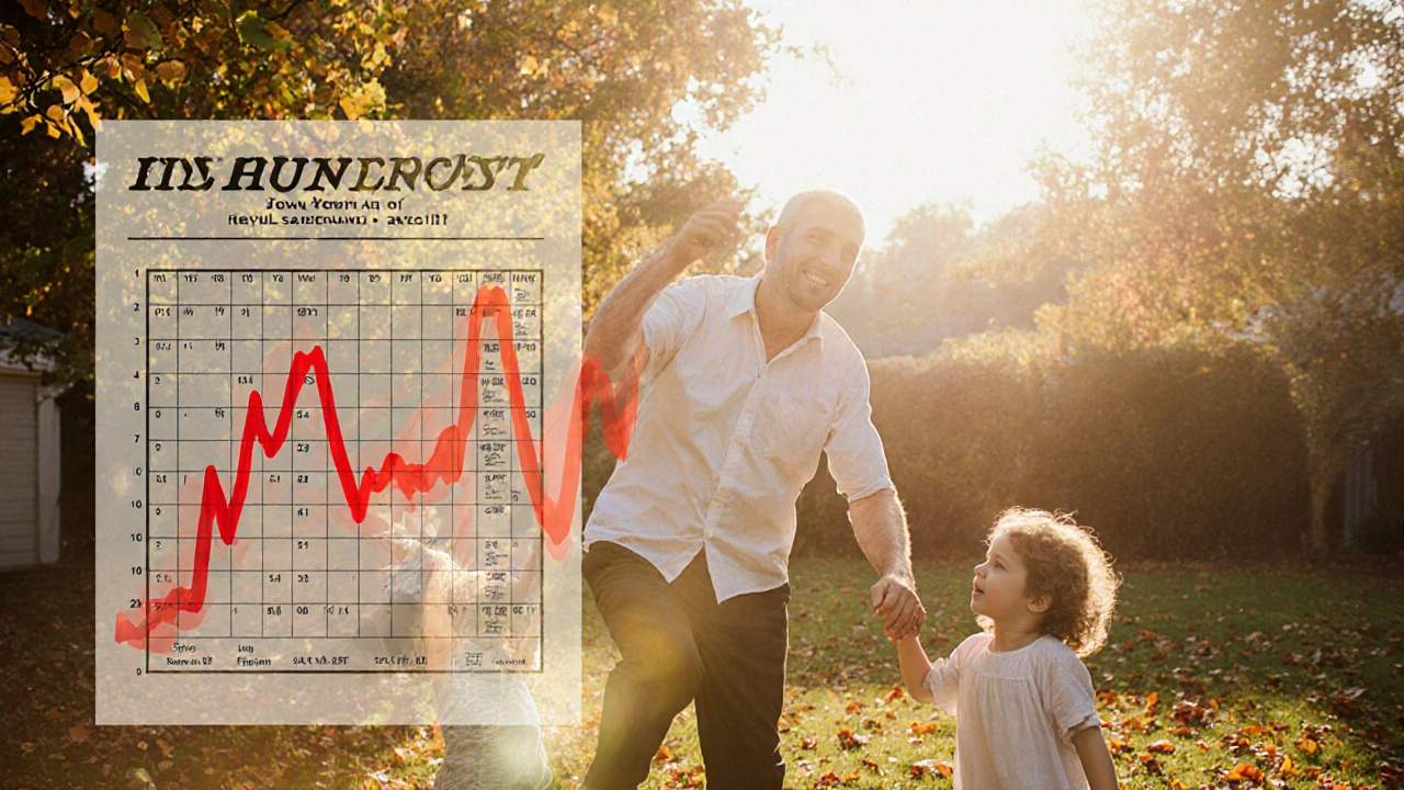 A grandfather plays with his grandchildren, energy restored as crimson hemoglobin ribbons rise around him.