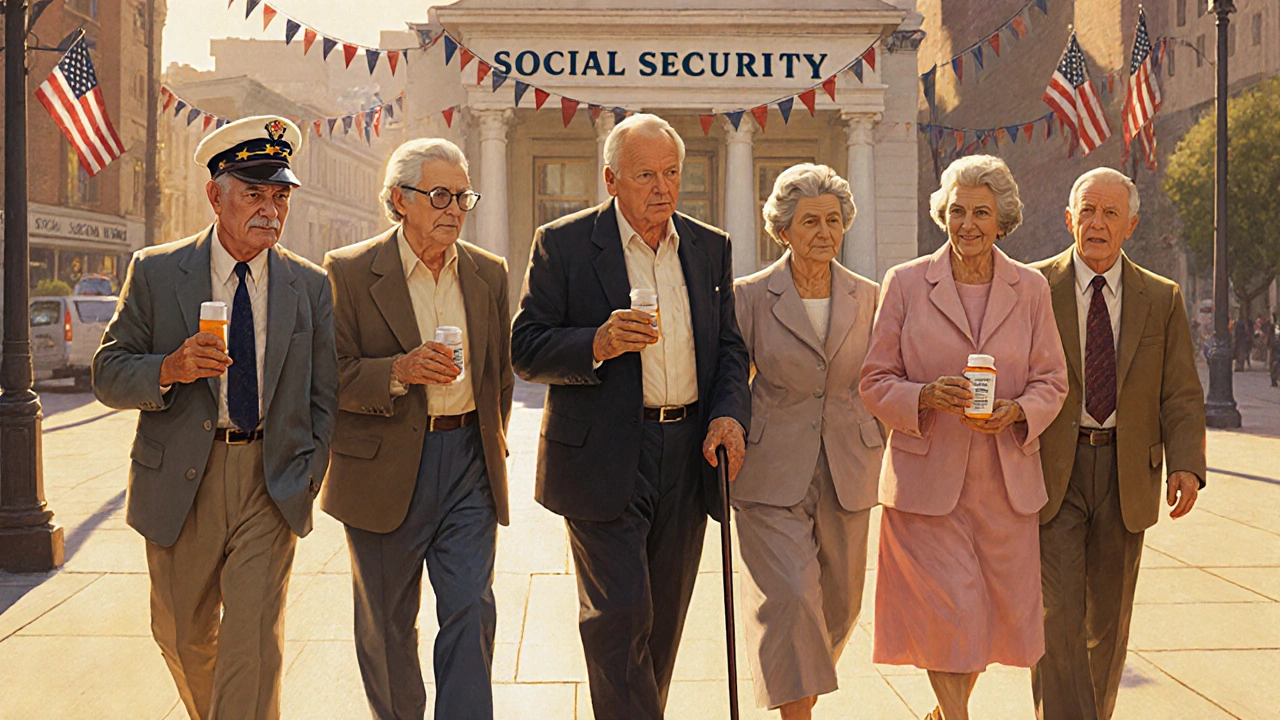 A group of seniors walking toward a Social Security office with prescription bottles.