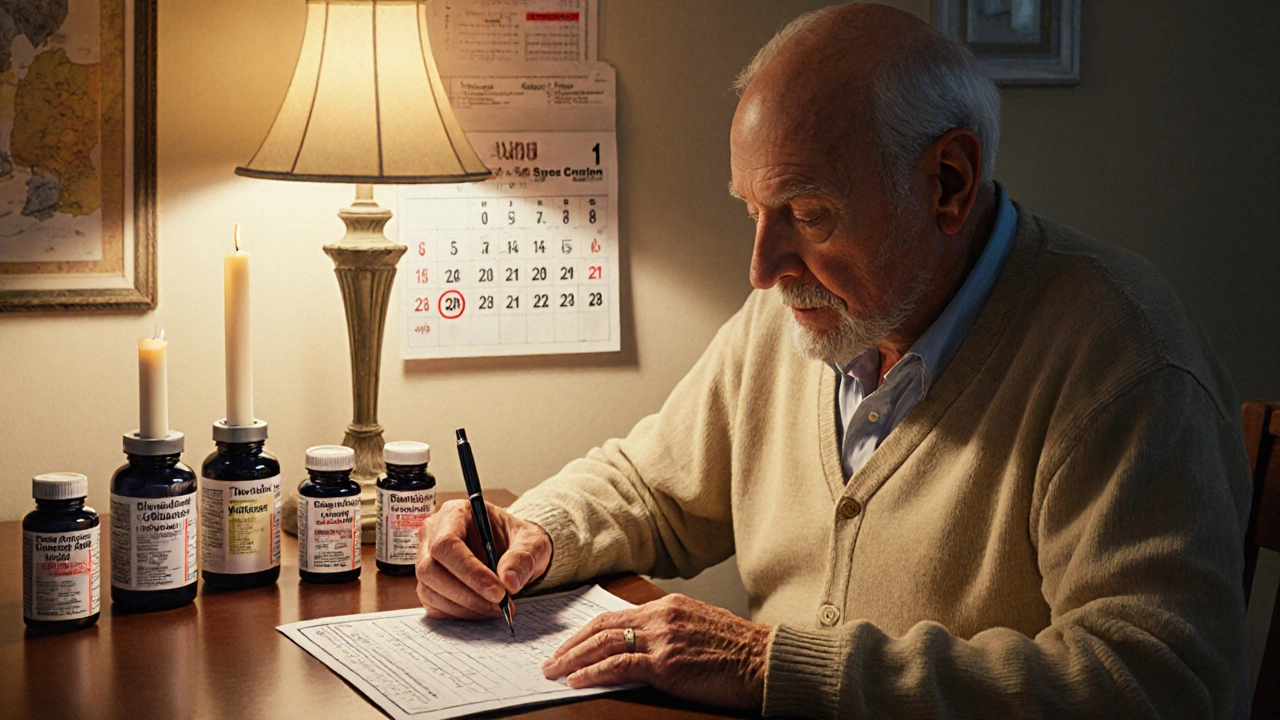 A man filling out a Medicare Extra Help form at home with pill bottles nearby.