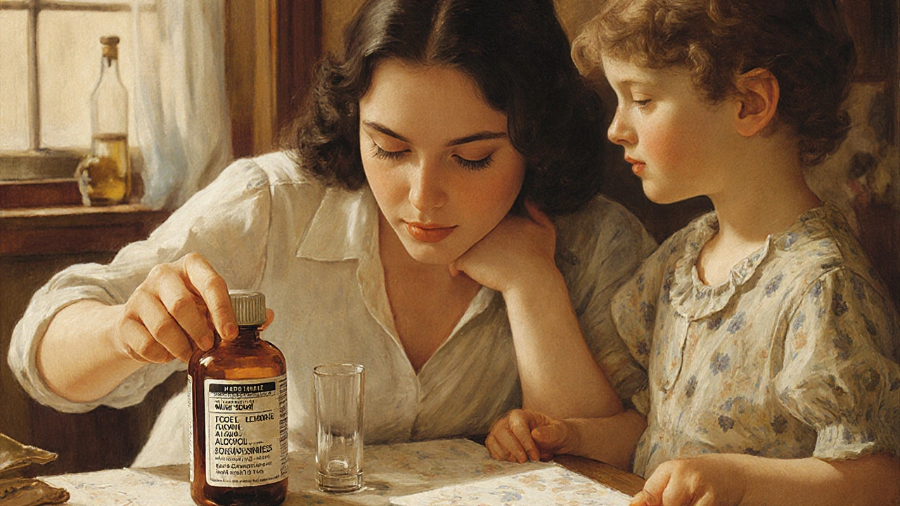 A mother showing auxiliary label instructions to her child at the kitchen table.
