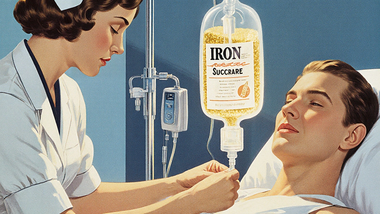 A nurse gives IV iron to a dialysis patient, with golden iron particles flowing into the bloodstream.
