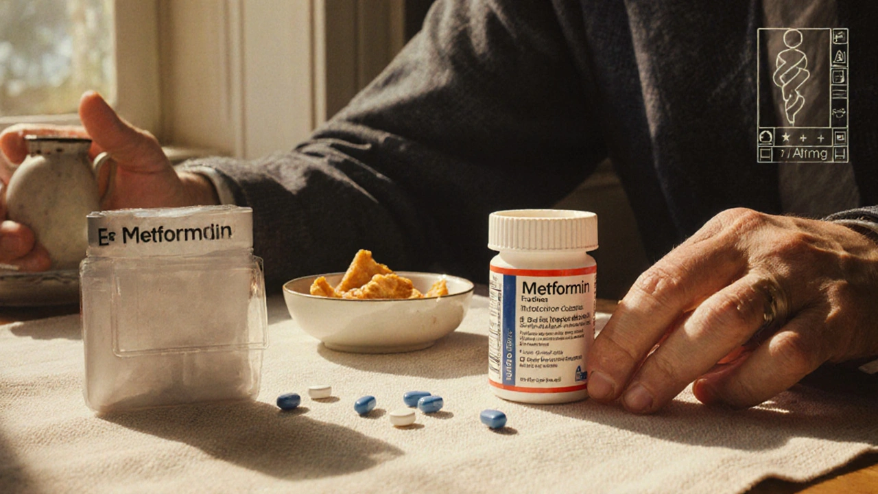 A patient at a table with two pill containers—one unused ER pill, three immediate-release pills beside a snack.